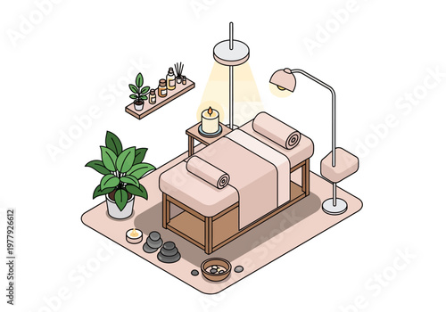 Cozy spa room with massage table, plants, and ambient lighting, perfect for relaxation and wellness services