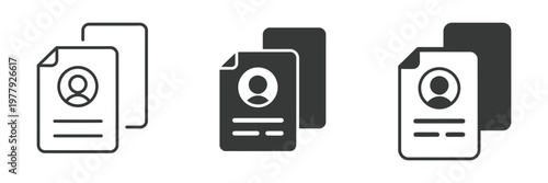 User profile document icon vector representing resume, curriculum vitae, employee records, hiring, recruitment, and personal identity file for professional and HR concept.