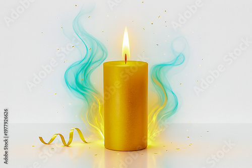 Glowing Golden Candle with Cyan and Gold Neon Smoke