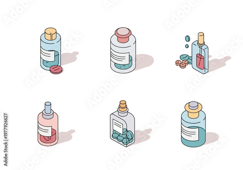 Isometric Collection of Diverse Wellness, Healthcare, and Cosmetic Bottles Vector Illustrations Pack