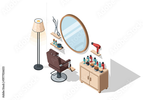 Isometric vector illustration of a hair salon with styling chair, mirror, dryer, and products on shelves