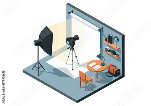 Creative photography studio setup with camera, lighting, and accessories for professional shoots
