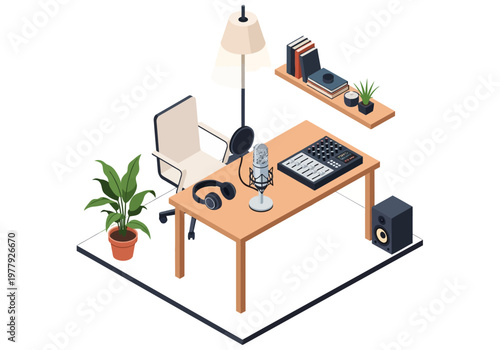 Cozy recording studio setup with microphone, headphones, and audio mixer on a wooden desk in an isometric view, perfect for podcasting and music production