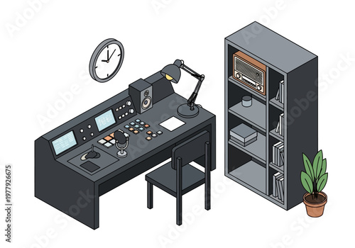 Isometric flat vector illustration of a vintage radio station control room desk with a clock and bookshelf