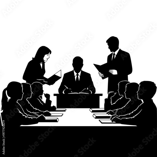silhouette of people in a formal meeting courtroom or classroom setting