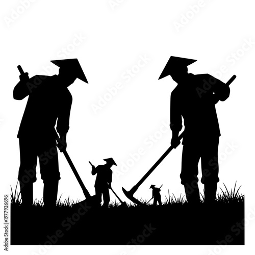 silhouette of traditional farmers working in a field with hoes