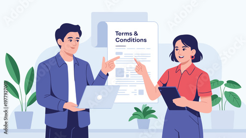 Two business professionals discuss important terms and conditions on a large digital document