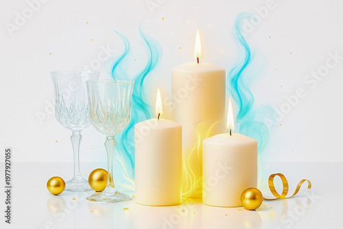 Elegant White Table Decor with Soft Cyan Neon Smoke