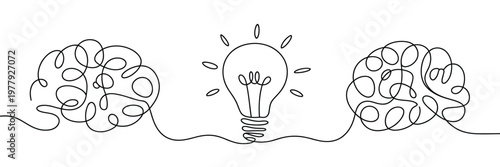 Two human brains connected through light bulb line art vector concept illustrating creative thinking idea sharing and cognitive connection in modern minimalist style