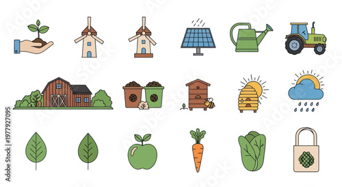 Farming and Agriculture Icons: Growing Plants, Solar Energy, Barn, Tractor, Bees, and Vegetables