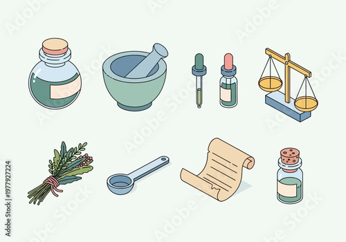 Apothecary Tools and Ingredients Isometric Icons