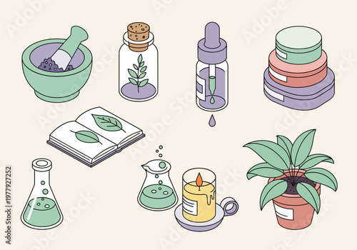 Isometric Set of Botanical Apothecary Items for Science and Natural Wellness