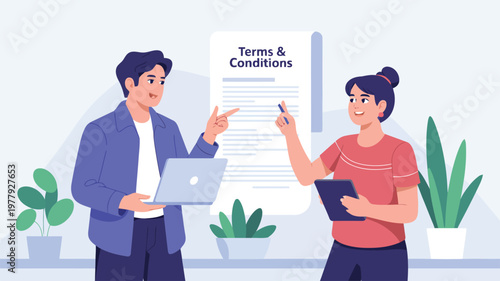 Two people discussing a digital terms and conditions document with a laptop and tablet