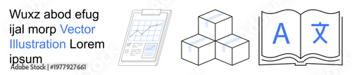 Education, business growth, analytics, translation, data visualization, planning strategies. Linear chart, stacked blocks open book with multilingual symbols. Education and business growth concept