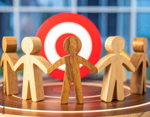 Wooden figures holding hands in a circle with a target in the background, symbolizing teamwork and shared goals.