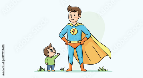 Superhero and little boy standing together.