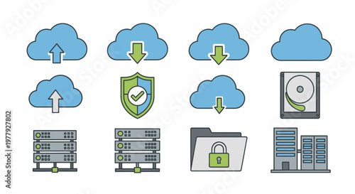 Cloud Computing Icons: Upload, Download, Security, Servers, Hard Drive, Folder, Buildings