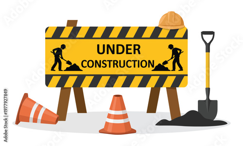 Traffic warning sign board for construction zone vector illustration isolated on white background showing caution, roadwork, safety, and hazard alert symbols.