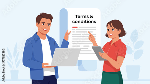 Two smiling individuals, a man and a woman, discuss important terms and conditions presented on a large document