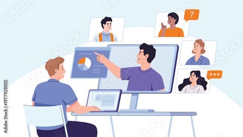 Young man engaging in a remote business meeting with team members viewing a data chart presentation