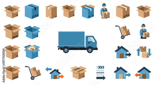 Delivery Service Icons: Truck, Boxes, Movers, Houses, Cart