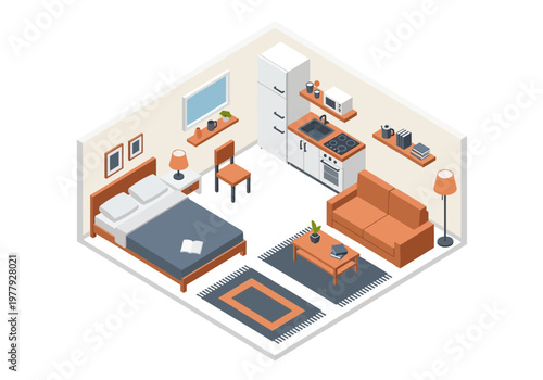 Isometric Flat Vector Room Set A Minimalist Bedroom and Living Area with Kitchenette