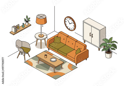 Isometric Flat Vector Room Set A Stylish and Modern Living Room Illustration with Furniture and Decor