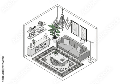 Isometric view of a modern living room with contemporary furniture, showcasing a stylish sofa, coffee table, rug, and decorative elements
