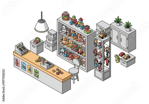 Isometric Toy Store Interior Design with Shelves, Display Cases, and Counter