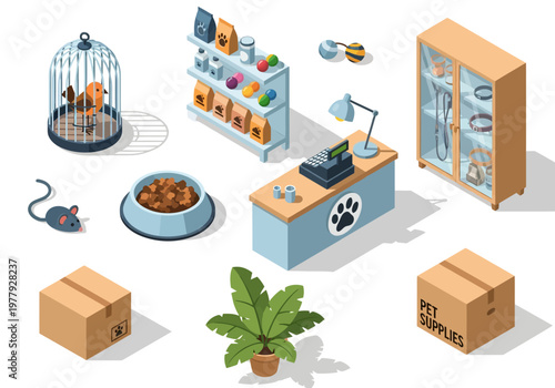 Isometric flat vector pet store room set with supplies, food, cage, and cashier desk