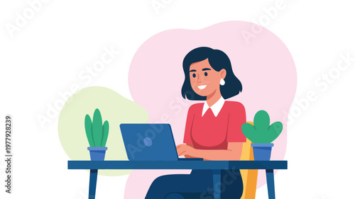 Young woman diligently works on her laptop at a clean desk with indoor plants present