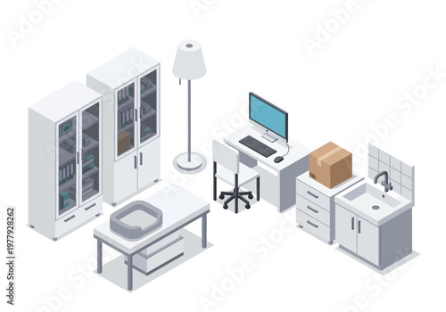 Collection of healthcare-related furniture and equipment in a clean, modern room setting, presented in isometric flat vector style