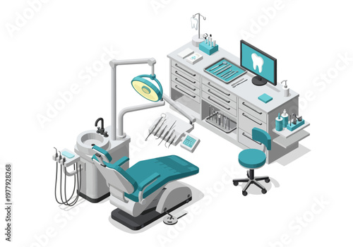 Isometric flat vector dental surgery room set for patient examination and treatment