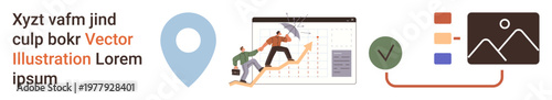 Business growth, teamwork, strategic planning, data analysis, project management, goal setting. Two people climbing on graphs and charts. Business growth and teamwork concept
