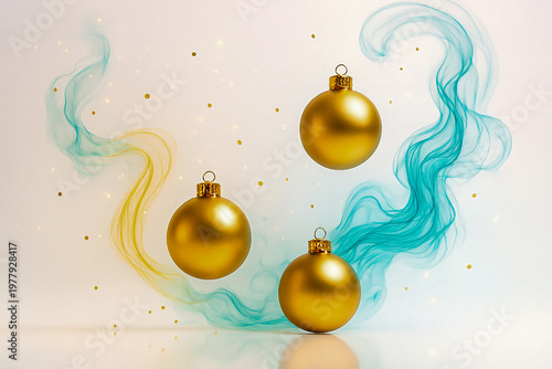 Floating Golden Baubles with Soft Cyan Neon Smoke