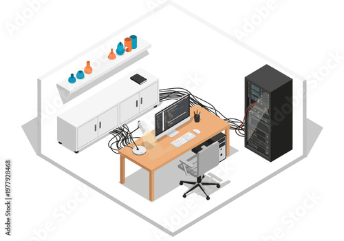 Isometric flat vector illustration of a modern office workspace with computers and server rack