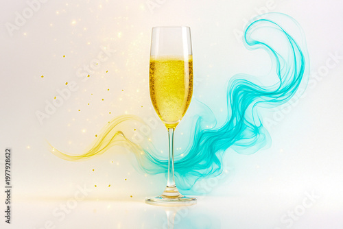 Champagne Toast Glass with Elegant Cyan Neon Smoke