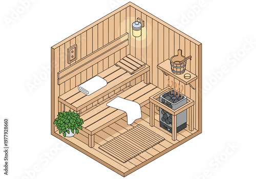 Isometric flat vector illustration of a cozy wooden sauna room with benches, a heater, and a plant