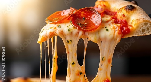 Melted cheese stretches from a slice of pepperoni pizza on a table indoors.