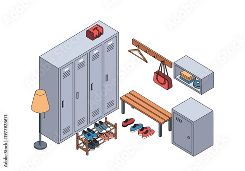 Isometric flat vector room set featuring lockers, bench, shoes, and lamp