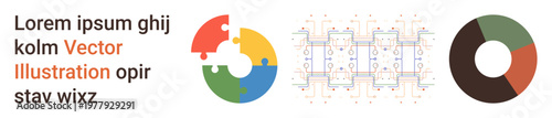 Data analysis, teamwork, system design, educational tools, digital strategy, visual statistics. Circular puzzle diagram, circuit pattern and donut chart elements. Data analysis and teamwork concept