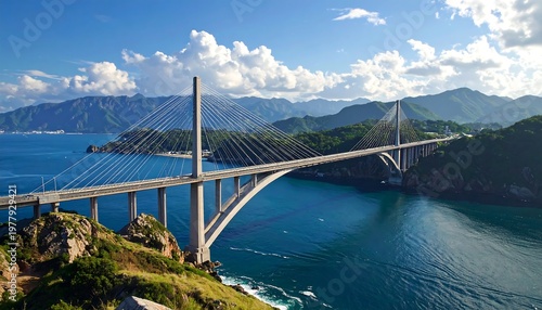 A large cable-stayed bridge spanning over a body of water with mountains in the background