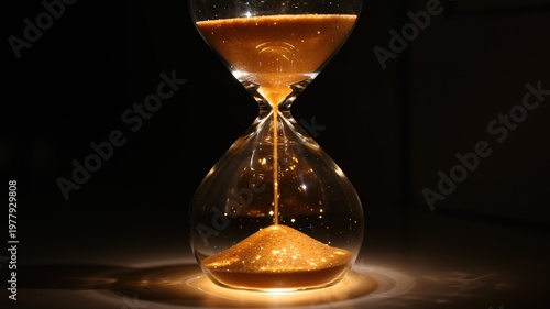Hourglass with golden glitter sand falling in dark illuminated setting