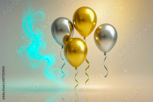 Gold and Silver Balloons with Cyan Neon Smoke