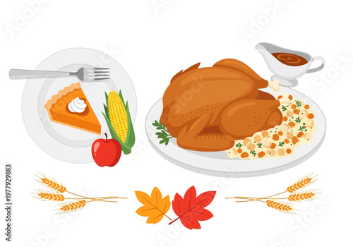 Festive Thanksgiving Dinner Spread Featuring Roasted Turkey, Pumpkin Pie, and Autumnal Decorations