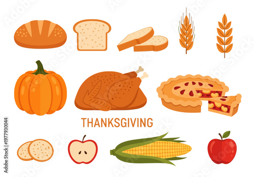 A collection of Thanksgiving holiday food and harvest items, including a roasted turkey, pie, pumpkin, and bread, illustrated in a flat vector style