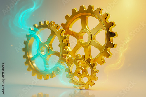 Futuristic Golden Clock Gears with Cyan Neon Smoke