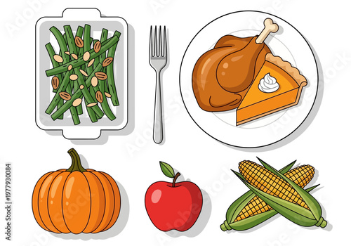 A colorful flat vector illustration showcasing a Thanksgiving meal with turkey, pumpkin pie, green beans, corn, apple, and pumpkin