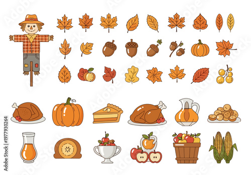 Vector Set of Thanksgiving Food and Autumn Elements