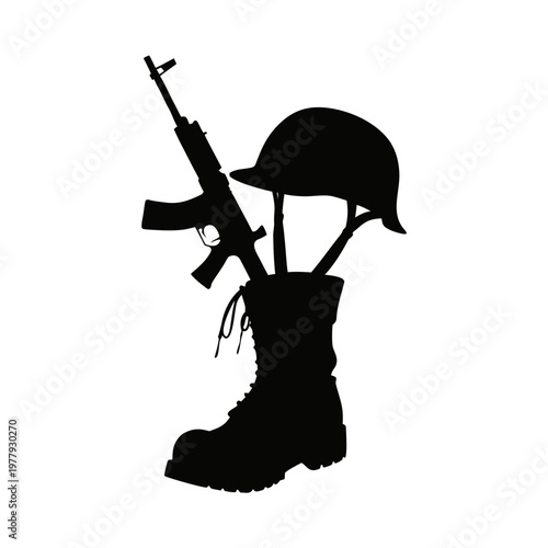 Military boot, rifle, and helmet silhouette, combat gear, army equipment, black icons